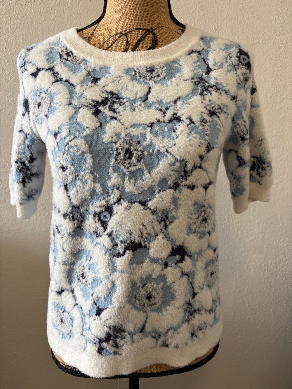 Rachel Zoe Fluffy Sweater Top Short Sleeves Size M Blue White